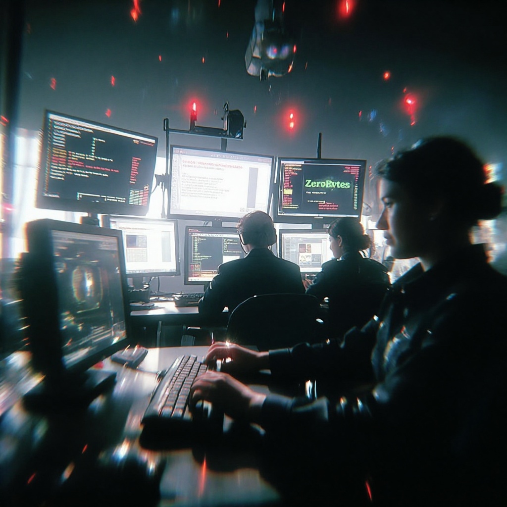 Une salle de contrôle informatique plongée dans une lumière froide, où des experts analysent en temps réel des alertes de sécurité liées à l’accès non autorisé aux données cadastrales par le groupe ZeroBytes. ---