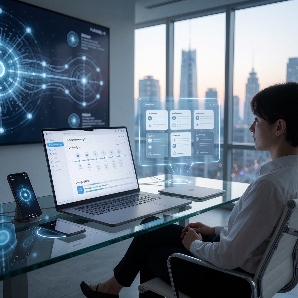 Bureau moderne éclairé par une lumière naturelle douce, avec vue sur une ville futuriste au coucher du soleil. Une personne assise à un bureau en verre observe des interfaces d’assistant IA automatisées : analyse de CV et génération de rapports visualisés par des graphiques fluides et des icônes abstraites. ---