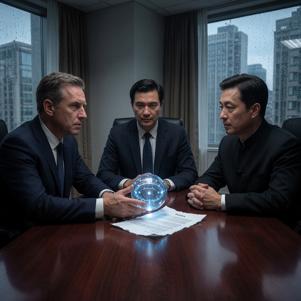 Réunion tendue dans un bureau en hauteur, éclairé par une lumière corporate contrastée. Trois hommes autour d’une table en acajou examinent un document et une sphère transparente contenant des données numériques en mouvement, symbole d’un échec de fusion technologique entre Meta et Manus. ---