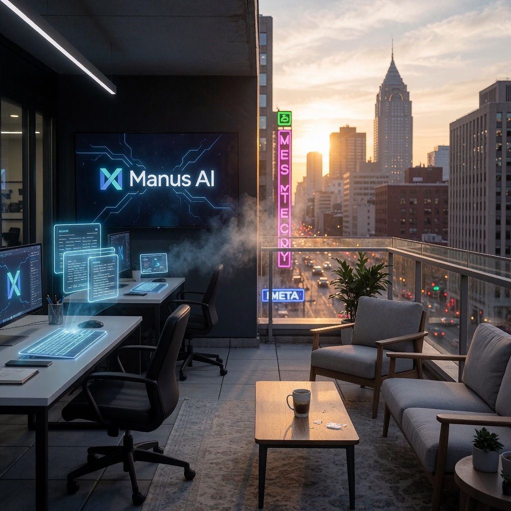 Terrasse urbaine au coucher de soleil, mélangeant espace professionnel futuriste avec des outils IA et coin détente minimaliste. Vue sur la ville illuminée, évoquant un choix entre confiance dans l’innovation ou attente d’une solution incertaine. ---