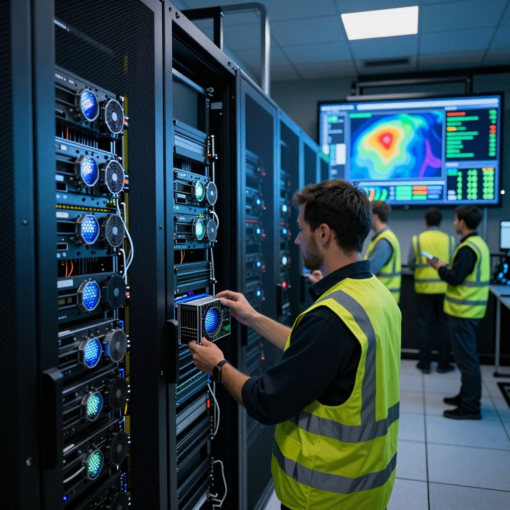 Un couloir de centre de données ultra-moderne éclairé en bleu, avec des étagères de serveurs remplies de puces Nvidia Vera Rubin organisées comme des modules hexagonaux lumineux. Des techniciens en combinaisons réfléchissantes ajustent les composants, tandis qu’un écran arrière affiche des flux de données et des cartes thermiques. L’ambiance met l’accent sur la précision et le rythme serré de cette infrastructure hautement spécialisée. ---