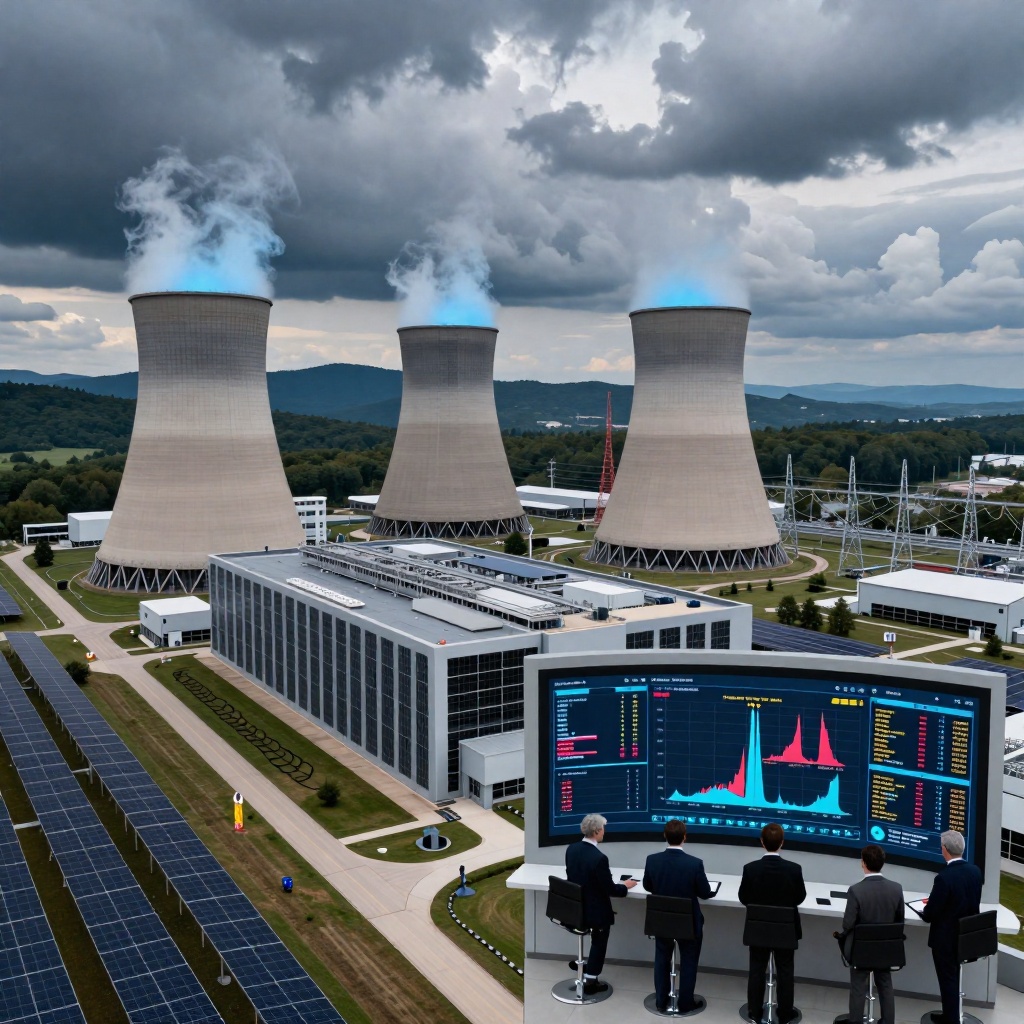 Un complexe de centre de données à l’échelle industrielle en pleine campagne du West Virginia, avec des tours de refroidissement crachant une brume bleutée et des champs de panneaux solaires. À travers une verrière, des dirigeants observent des flux de données projetés sur un mur courbé, symbolisant la puissance énergétique et la consommation colossale nécessaire à cette infrastructure. ---