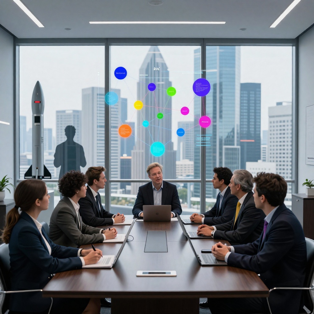 Anthropic et son partenariat de 45 milliards avec Nscale : une guerre technologique qui redéfinit l’IA — image3 Une réunion tendue dans un bureau moderne avec vue sur une ville futuriste. Autour d’une table, des dirigeants d’Anthropic, SpaceX et Nscale analysent une projection holographique de nœuds IA interconnectés. À travers les baies vitrées, la silhouette d’Elon Musk est visible près d’un modèle de fusée, incarnant cette alliance paradoxale entre rivaux. ---