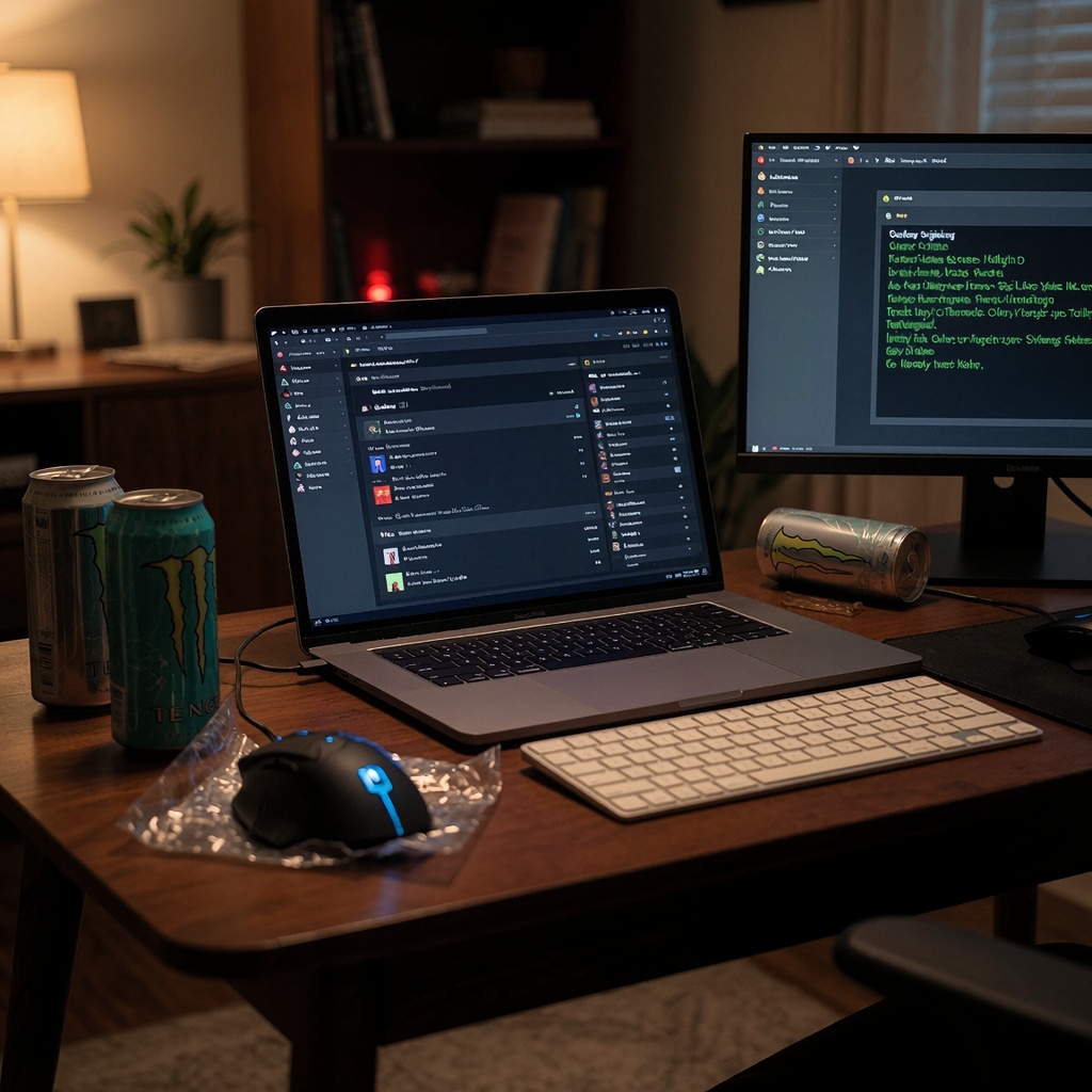 Un bureau d’études à domicile plongé dans une lumière tamisée, avec un ordinateur portable affichant un marché clandestin de logiciels piratés, entouré de canettes vides et d’un tapis de souris pour joueurs. Un écran secondaire montre une interface de keylogger opérant en silence, tandis qu’une lueur rouge clignote discrètement dans le coin, signalant une infection malveillante non détectée. ---