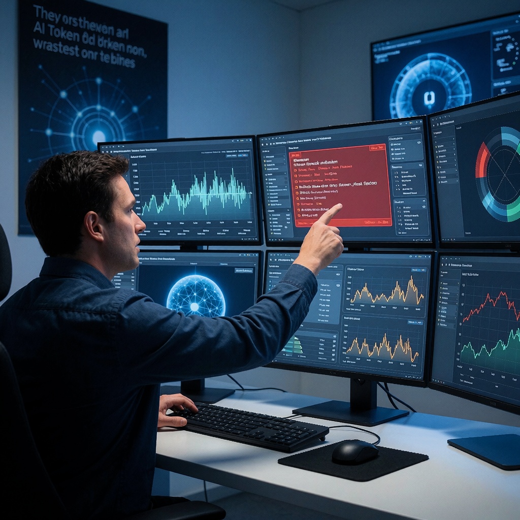 Anthropic bloque des comptes piratés : les tokens AI deviennent la nouvelle cible des cybercriminels — image3 Un expert en cybersécurité dans une salle de contrôle high-tech, entouré d’écrans affichant des outils de détection de menaces et des tableaux de bord d’analyse de malwares. Concentré, il désigne un écran où une infection par logiciel espion est mise en évidence en rouge. La lumière ambiante met en valeur la lueur bleutée des écrans projetée sur ses mains alors qu’il parcourt les protocoles de sécurité. ---