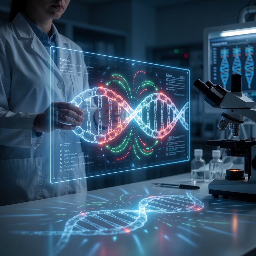 Un laboratoire médical futuriste baigné d’une lumière bleutée cinématographique en fin de journée. Une scientifique en blouse blanche observe une projection holographique d’un ADN se déployant en carte génétique détaillée avec des indicateurs rouges et verts de risques lumineux. Les ombres de la projection s’étendent sur le plan de travail où un microscope et du matériel de séquençage avancé sont partiellement visibles. ---