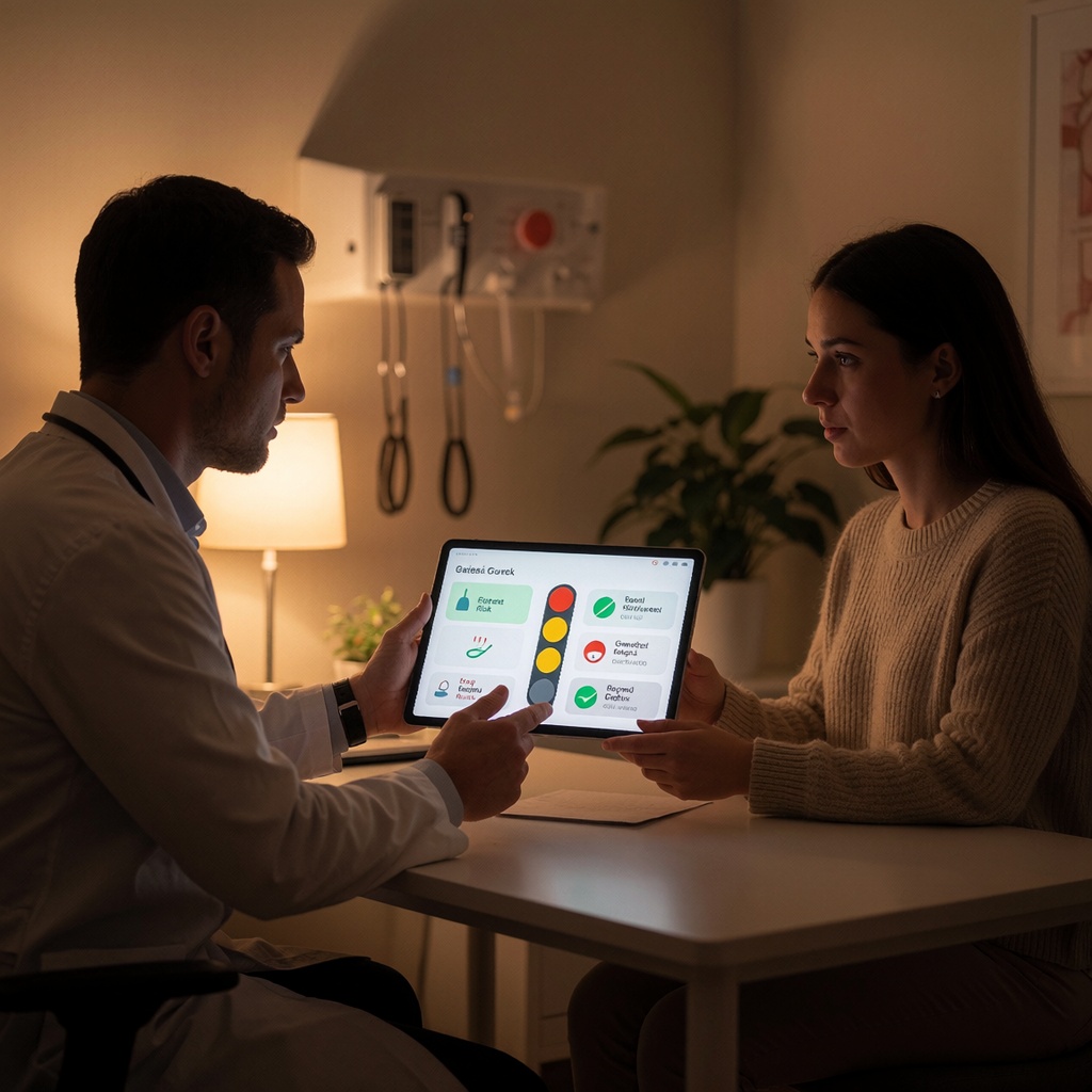 Une salle de consultation médicale sobre, éclairée à la lumière ambrée tamisée. Un médecin et un patient sont assis face à face ; ce dernier tient une tablette affichant un tableau de bord des risques génétiques simplifié, avec des icônes en forme de feux tricolores (vert pour faible risque, rouge pour élevé). Le médecin pointe du doigt l’écran tout en expliquant, tandis que le patient montre une expression mêlant curiosité et inquiétude. ---