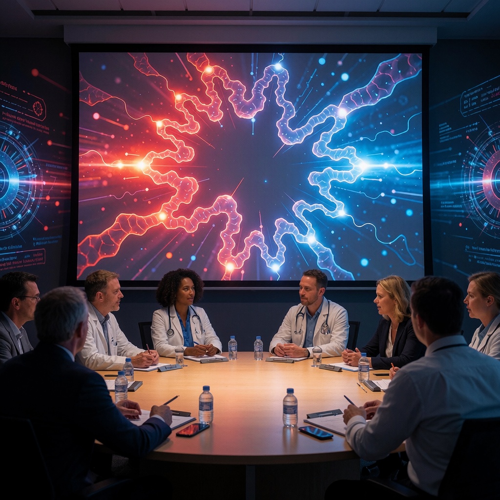 DeepMind révolutionne la médecine avec AlphaGenome Atlas : et si votre santé dépendait désormais de votre ADN cartographié ? — image3 Une salle de conférence high-tech où un écran géant projette une carte génomique stylisée en tons rouges et bleus vifs. Autour d’une table ronde, des chercheurs et médecins divers discutent avec enthousiasme, leurs visages partiellement éclairés par la projection dynamique derrière eux. La lumière est à la fois nette et chaleureuse, mettant en valeur l’énergie collaborative tout en soulignant l’ampleur de cette révolution. ---