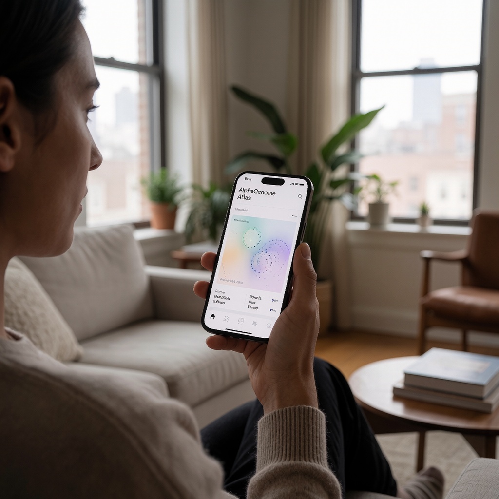 Un salon d’appartement calme et lumineux, baigné de lumière naturelle filtrant par de grandes fenêtres. Une personne est assise sur un canapé, tenant un smartphone affichant l’interface d’AlphaGenome Atlas—épurée et moderne, avec des visualisations génétiques discrètes en dégradés doux. Elle semble réfléchie, entourée d’objets du quotidien comme des livres ou des plantes, mêlant intimité et innovation. ---