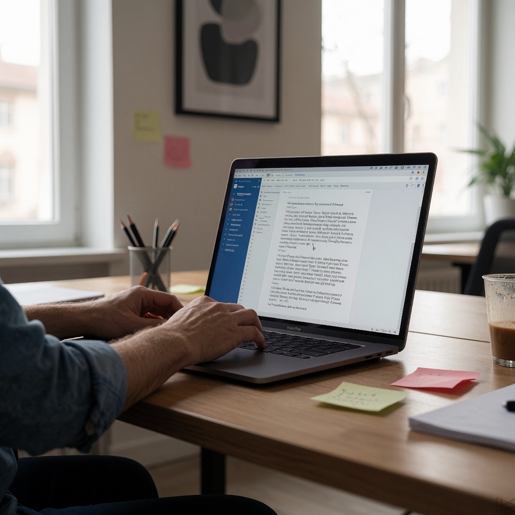 Un professionnel assis à un bureau épuré en train de taper sur son MacBook, avec une lumière naturelle douce filtrant par la fenêtre. Un document Word ouvert montre des suggestions d’IA non sollicitées en arrière-plan flou. Sticky notes et objets personnels autour renforcent l’ambiance de travail moderne. ---