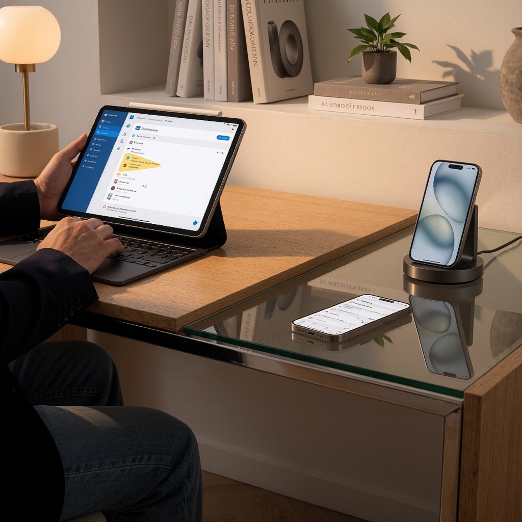 Un espace de travail contemporain avec une personne utilisant un iPad Pro pour consulter Outlook, tandis qu’un smartphone et une tablette reposent sur une surface en verre. L’éclairage doux met en valeur des éléments comme les livres de design et une plante verte, symbolisant la polyvalence des outils Microsoft. ---