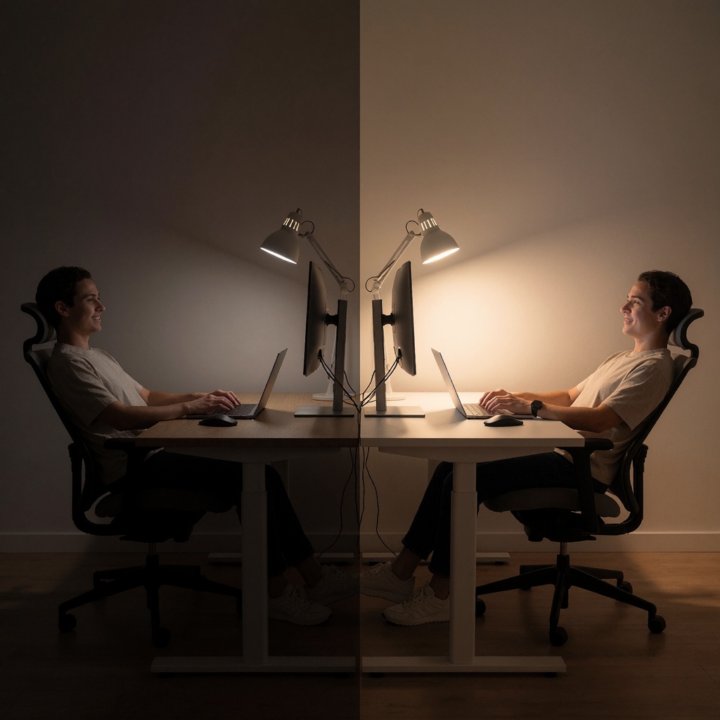 Microsoft désactive les prédictions textuelles intrusives dans Word et Outlook : l’IA doit demander la permission — image3 Deux bureaux identiques en comparaison : l’un plongé dans une lumière tamisée et floue (ancienne fonctionnalité intrusive), l’autre éclairé par un éclairage chaleureux où une personne, détendue, interagit avec son ordinateur. La différence visuelle illustre le changement vers une IA plus respectueuse. ---