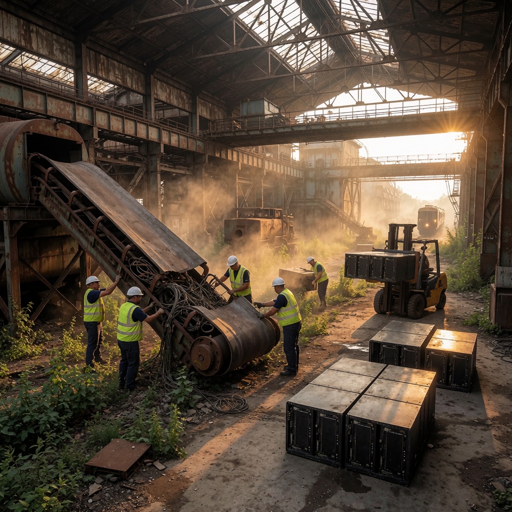 Ancienne usine en décomposition, éclairée par une lumière dorée de fin d’après-midi, où des ouvriers en combinaisons jaunes réaménagent un ancien convoyeur rouillé. Des serveurs modulaires noirs sont installés sur d’anciennes fondations bétonnées, tandis que la végétation envahissante et les tuyaux oxydés témoignent du passé industriel. ---