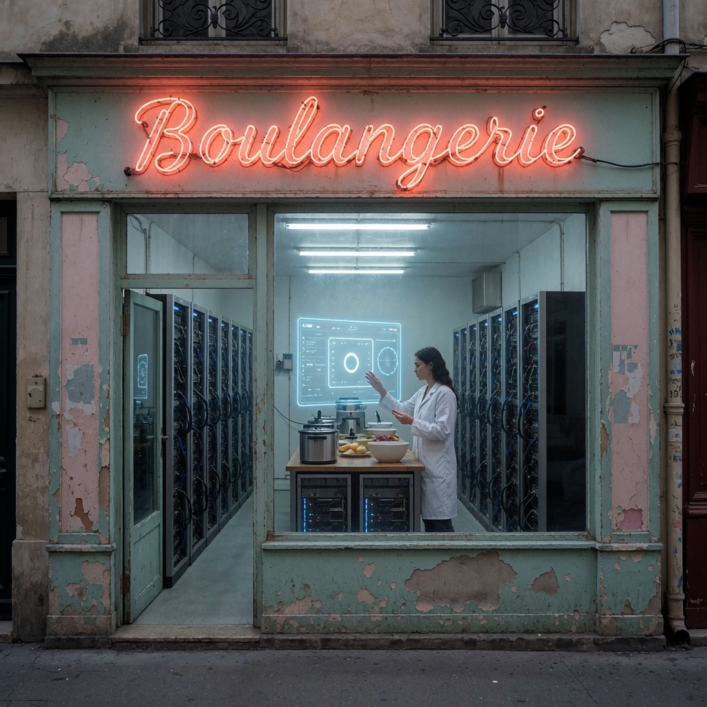 Teravolt repère les usines abandonnées : l’IA va dévorer vos infrastructures industrielles — image3 Ancienne boulangerie reconvertie en centre de formation IA, avec une façade colorée et un néon clignotant, tandis qu’à l’intérieur, des serveurs haute performance fonctionnent dans un environnement climatisé. Des appareils ménagers vintage servent désormais de systèmes de refroidissement. ---