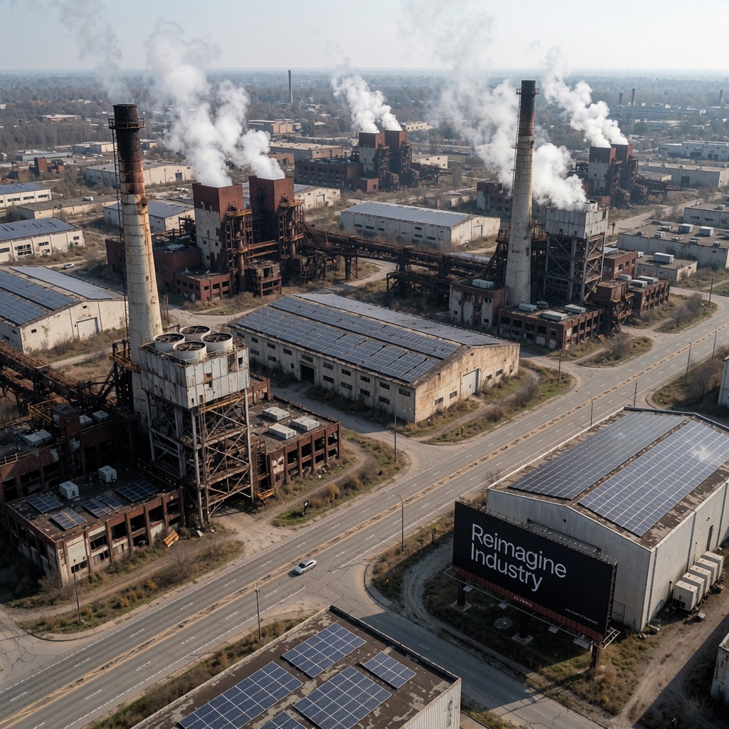 Vue aérienne d’une zone industrielle en mutation, où anciennes usines et centrales sont reconverties en hubs IA. Des panneaux solaires couvrent les toits tandis que des tours de refroidissement émettent une brume blanche, marquant la coexistence entre le passé industriel et l’innovation technologique. ---