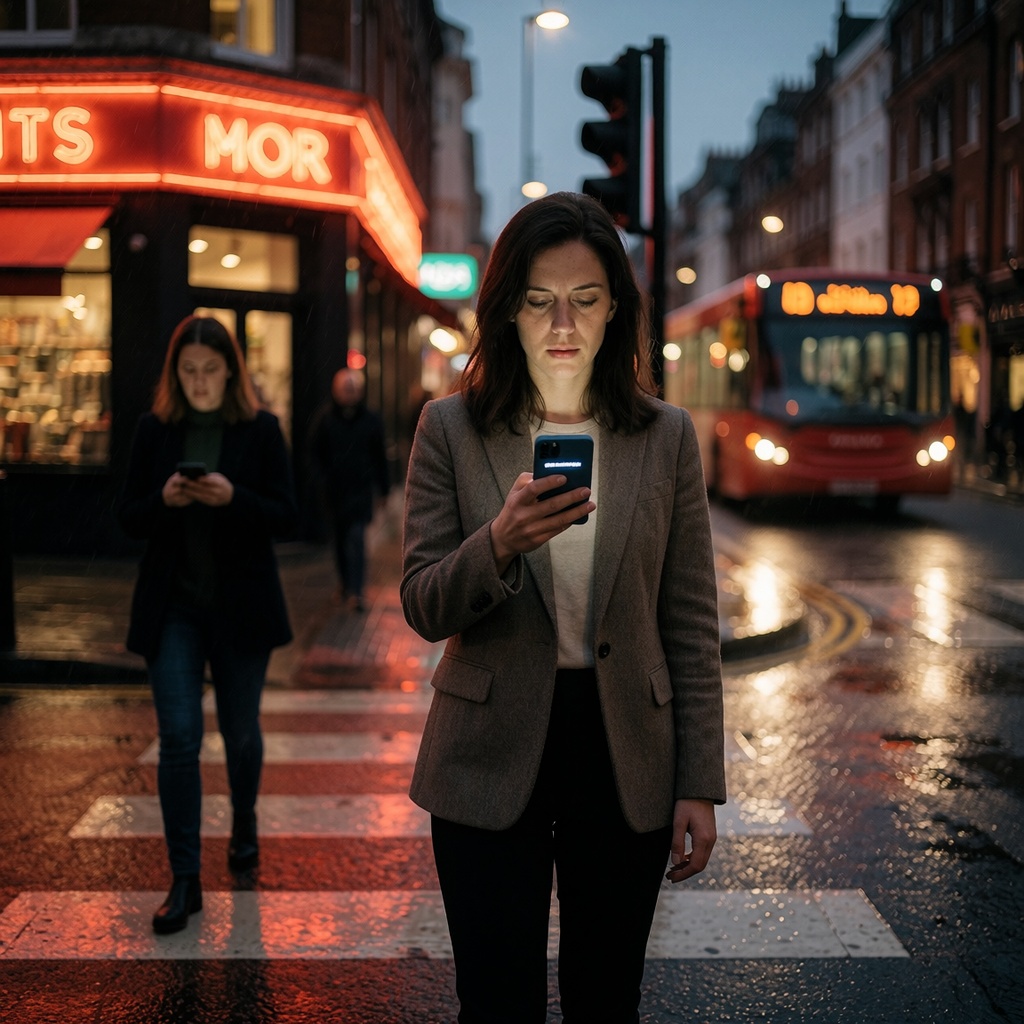 Une jeune professionnelle en manteau sobre sur un passage piéton londonien au crépuscule, fixant son téléphone avec perplexité devant une erreur algorithmique invisible. L’éclairage doux des néons et la pluie créent une atmosphère de doute dans le quotidien urbain. ---