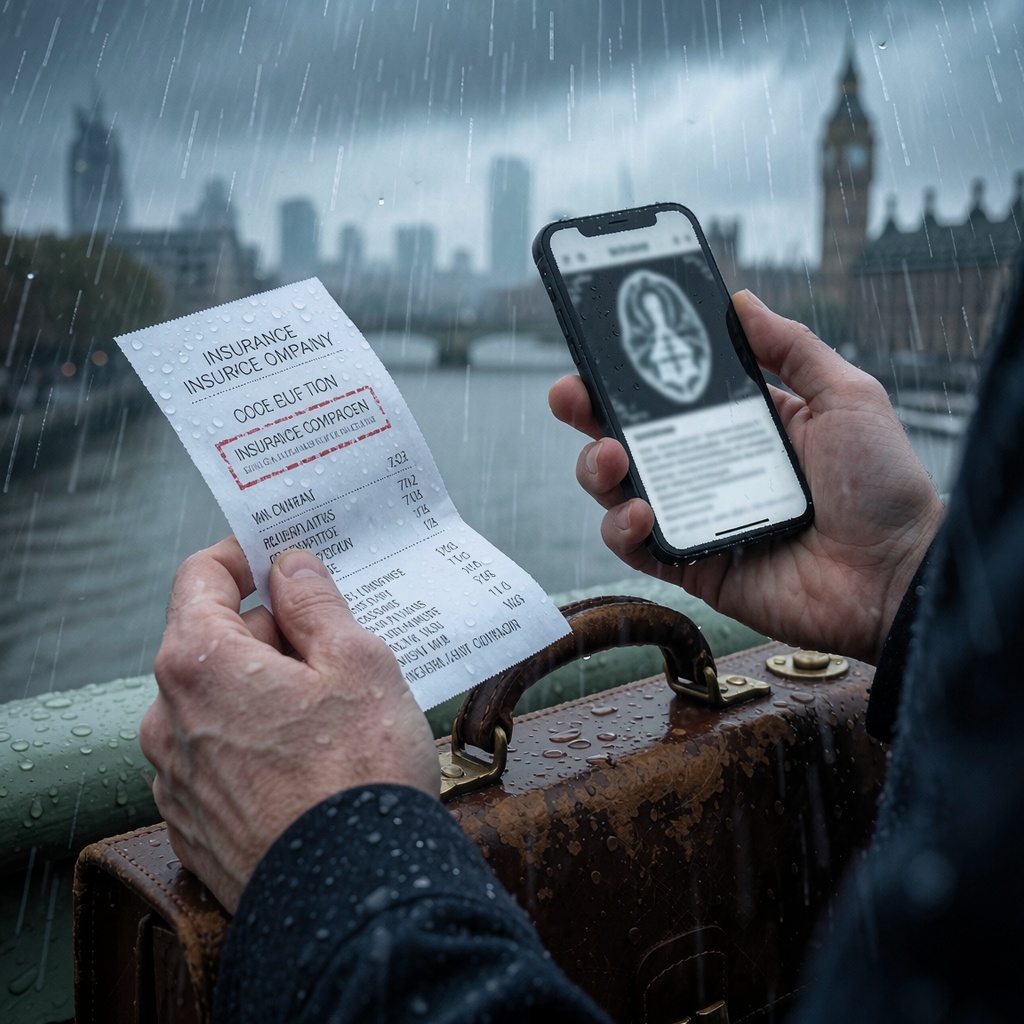 Mains tenant un dossier d’assurance rejeté et un smartphone avec un diagnostic ou un jugement algorithmique erroné sous une pluie londonienne, devant une ville floue et sans réponse. L’éclairage sombre reflète la vulnérabilité face à l’absence de régulation. ---