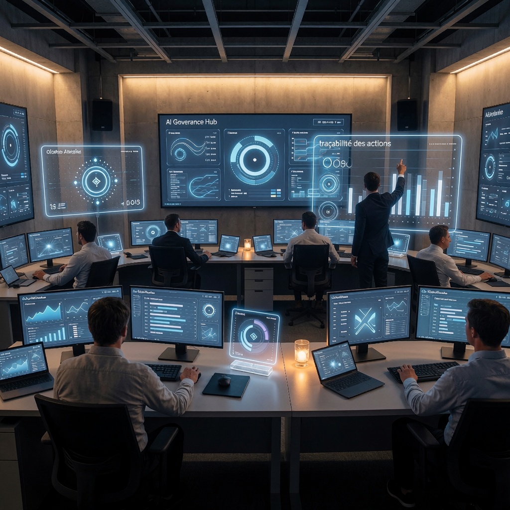Un centre de contrôle futuriste où une équipe supervise en temps réel les outils d’IA via écrans et hologrammes. Un tableau central affiche un