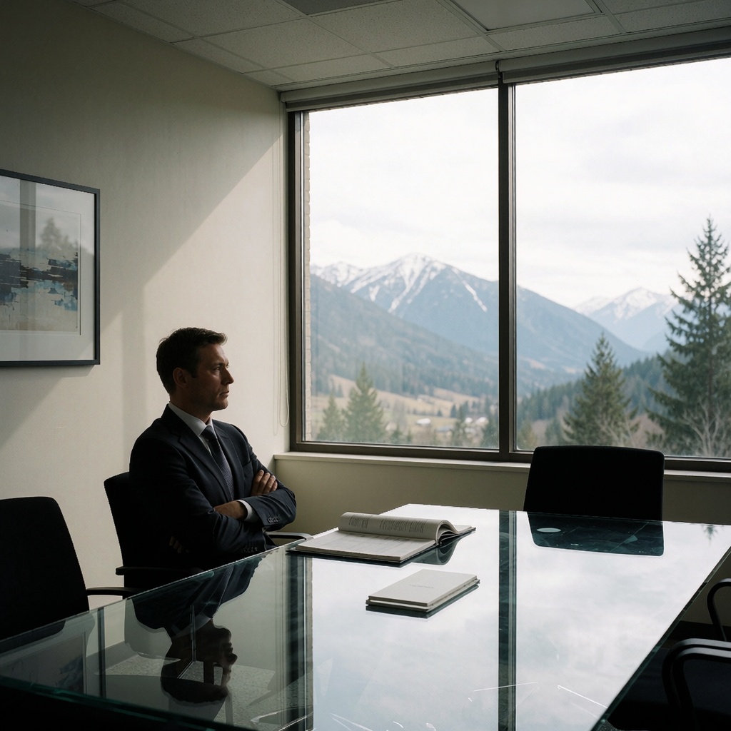 IA en entreprise : pourquoi les géants technologiques ne sont pas prêts pour vous — image3 Une salle de réunion épurée éclairée par la lumière naturelle, avec une vue sur des montagnes sous un ciel couvert. Un dirigeant seul à la table, face à un siège vide, semble réfléchir aux défis posés par l’IA. L’ambiance reflète la prudence nécessaire avant d’adopter des solutions non mûries. ---