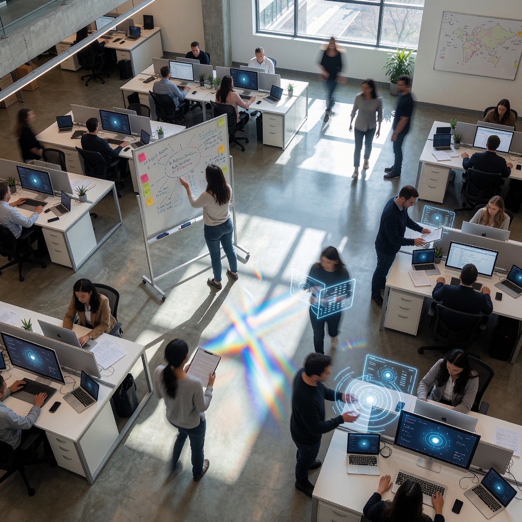 Vue aérienne d’un open space dynamique où les employés naviguent entre outils numériques et méthodes traditionnelles. Un tableau blanc avec croquis et post-its symbolise une approche réfléchie de l’IA, tandis que la lumière naturelle accentue un équilibre entre technologie et prudence. ---