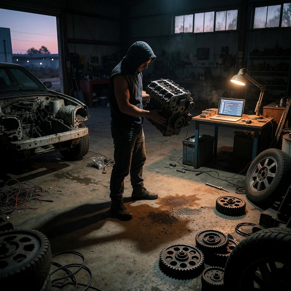 Un atelier industriel faiblement éclairé au crépuscule où une personne en veste sans manches examine un bloc moteur partiellement assemblé. Des composants métalliques dispersés et des câbles traînent sur le sol bétonné, tandis qu’une lampe de bureau projette une lueur bleutée sur les chiffres cryptiques affichés à l’écran d’un ordinateur portable. Des traces de rouille soulignent l’abandon, et l’atmosphère suggère un travail incertain, comme si la mécanique cachait des secrets. ---