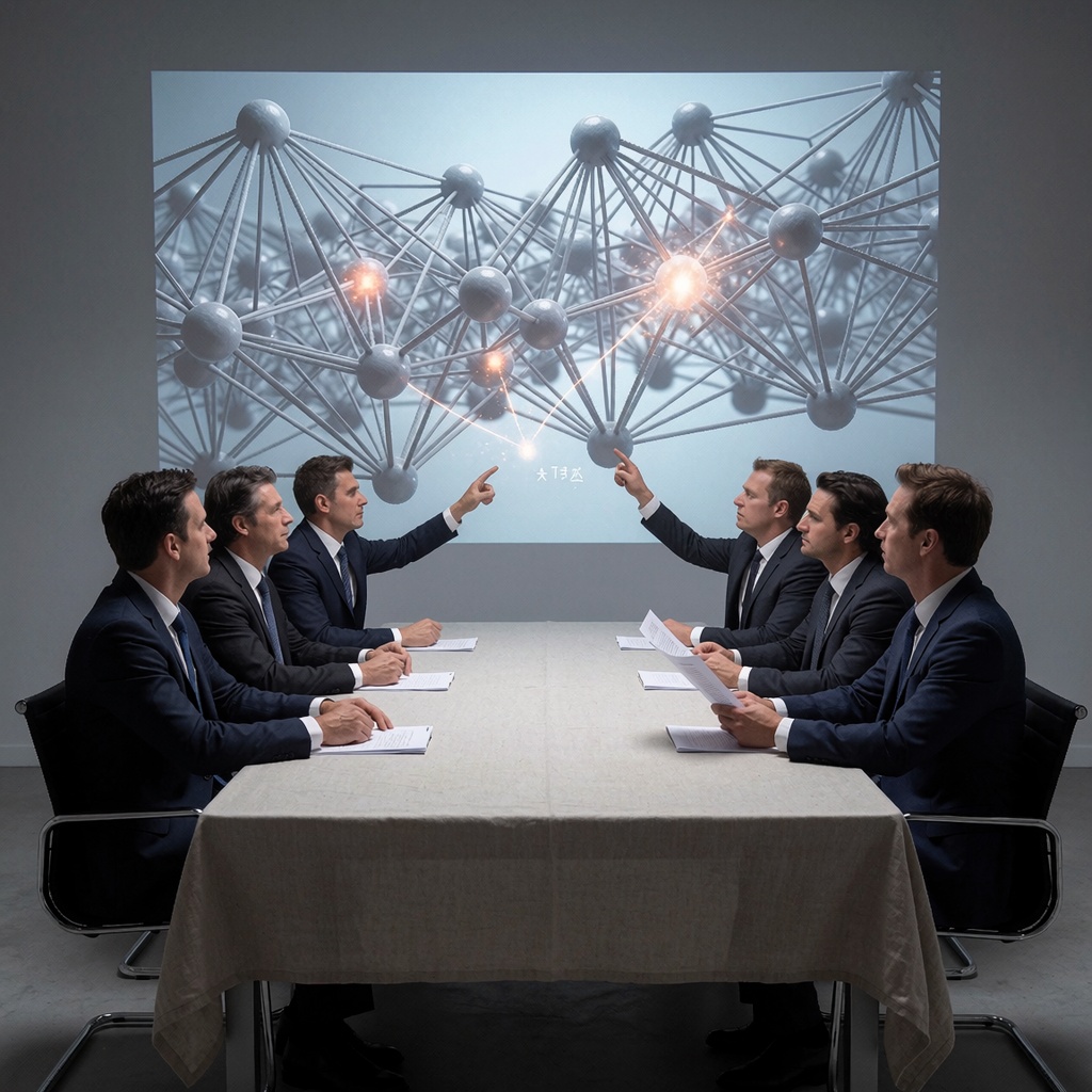 Une salle de réunion contemporaine où six cadres en costumes animés discutent autour d’une table en lin neutre. Une projection 3D abstraite, composée de nœuds interconnectés (symboles de flux de données), flotte au-dessus de la table. Certains nœuds brillent faiblement, d’autres pulsent de manière erratique. Les lumières minimalistes accentuent les ombres sous leurs mentons, reflétant une opposition entre deux factions. L’une pointe vers un nœud marqué par des symboles indistincts, tandis que l’autre feuillette un document plié avec méfiance. ---