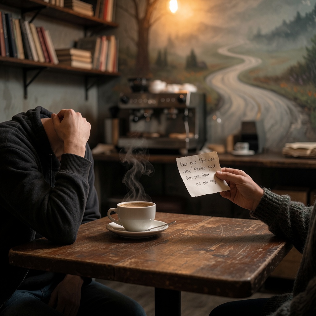 Un coin de café faiblement éclairé avec une table pour deux personnes. L’une d’elles se penche vers une tasse fumante, le coude posé sur le bois usé. En face, l’autre tient un petit papier griffonné, à moitié effacé, comme hésitant entre le croire ou le jeter. En arrière-plan, des étagères remplies de livres (certains ouverts, d’autres fermés) et une machine à espresso à moitié vide. Une fresque floue représentant une route sinueuse disparaissant dans la brume baigne la pièce d’une lumière tiède et voilée. ---