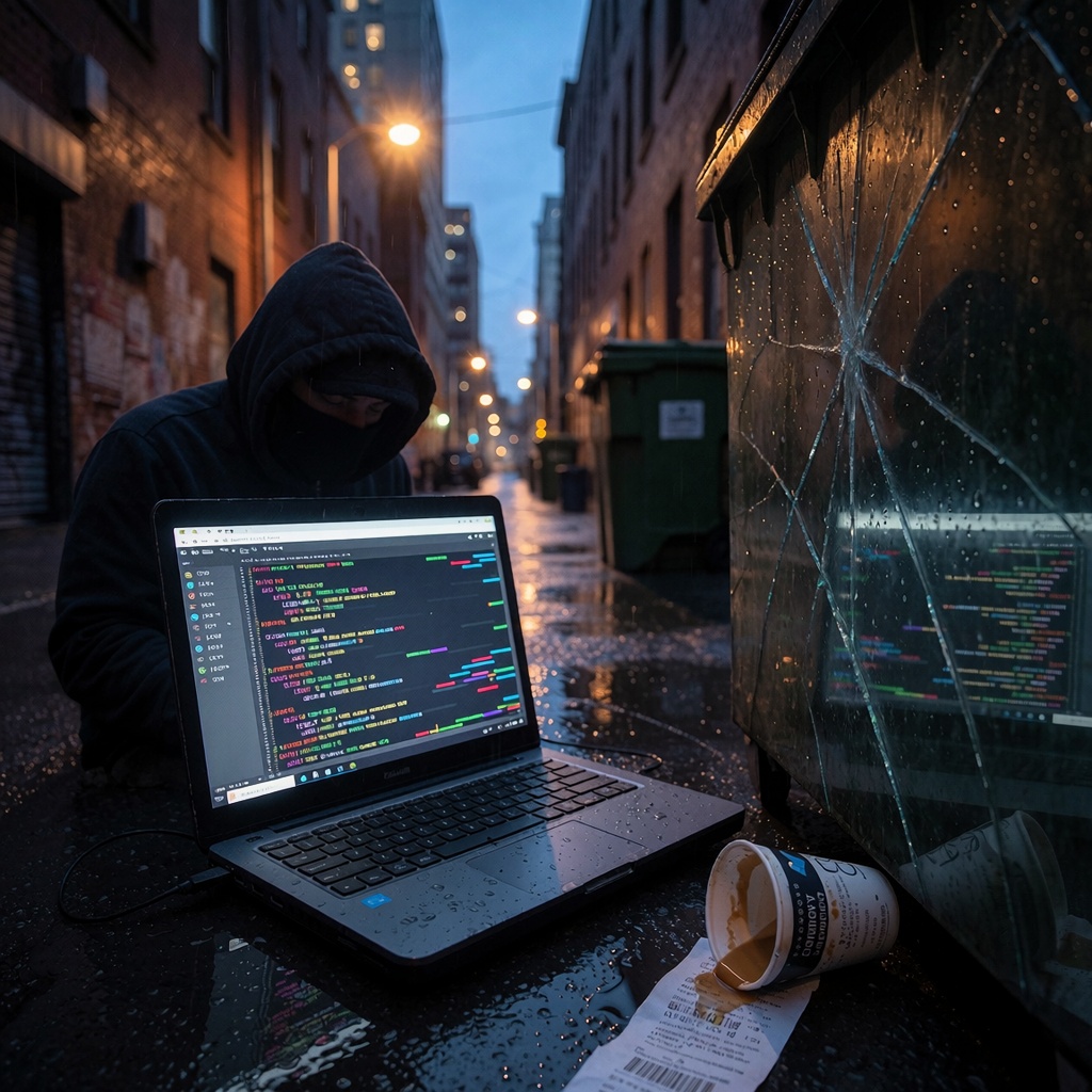 Un piéton isolé dans une ruelle sombre, penché sur un ordinateur portable affichant des segments de code et des URLs modifiées numériquement (ex.