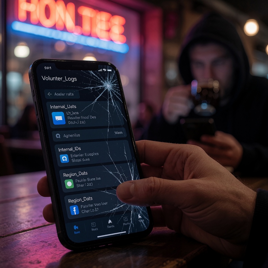 Un écran de smartphone fissuré affichant un marché sombre avec des dossiers chiffrés (