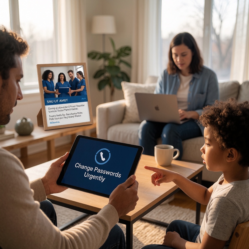 Un salon lumineux où une famille autour d’une table consulte un tableau tactile affichant une alerte (