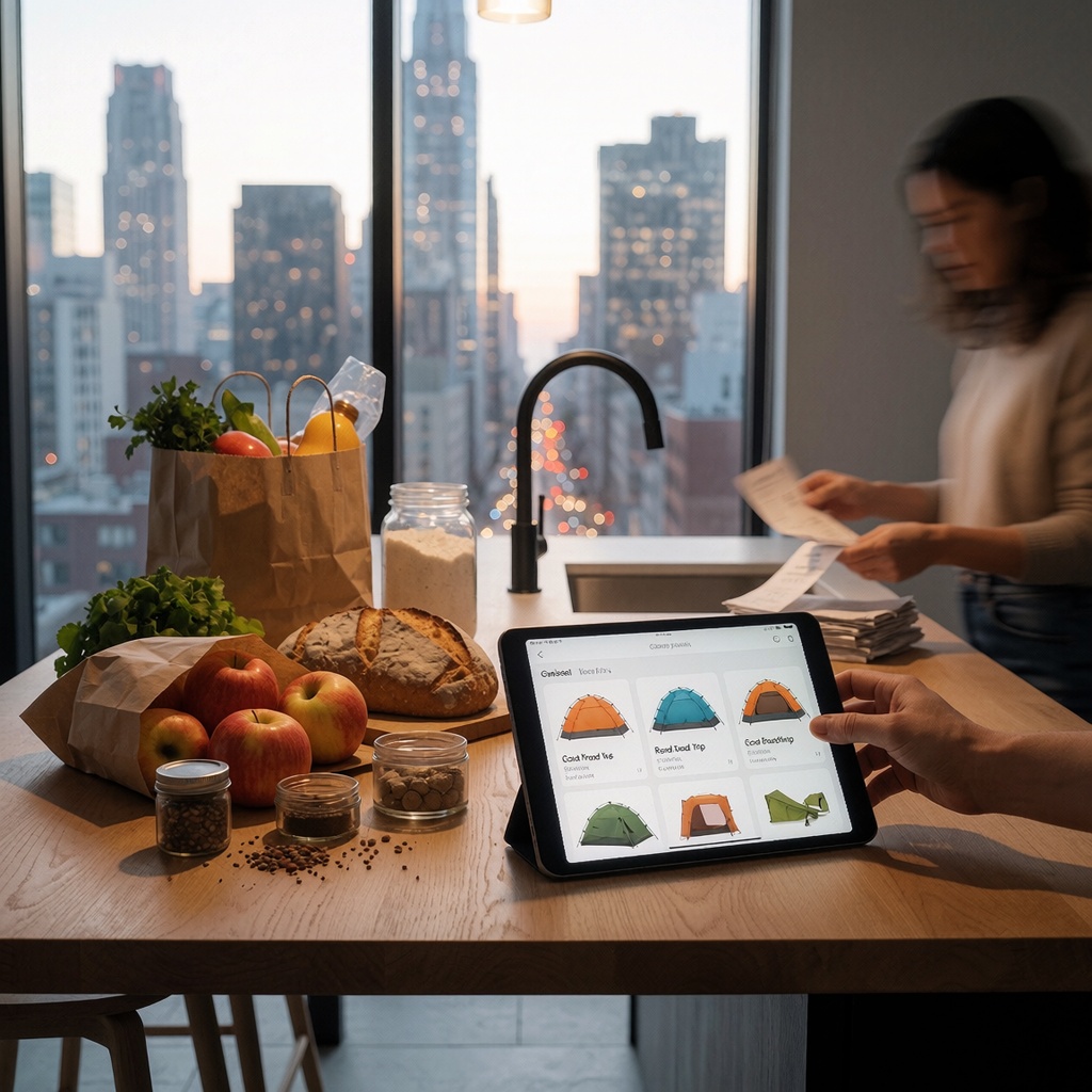 Une cuisine contemporaine baignée de lumière naturelle douce filtrant par des grandes fenêtres donnant sur une ville animée au crépuscule. Une table en bois clair est encombrée de sacs de courses à moitié vides (pommes bio, pain artisanal, épices), tandis qu’une tablette affiche une interface d’application de shopping avec des produits comparés (tentes, accessoires pour road-trip). Un geste hésitant sur l’écran suggère la décision entre facilité et autonomie, en contraste avec une silhouette floue triant des tickets de caisse. Les tons chauds se mêlent aux lumières urbaines froides. ---