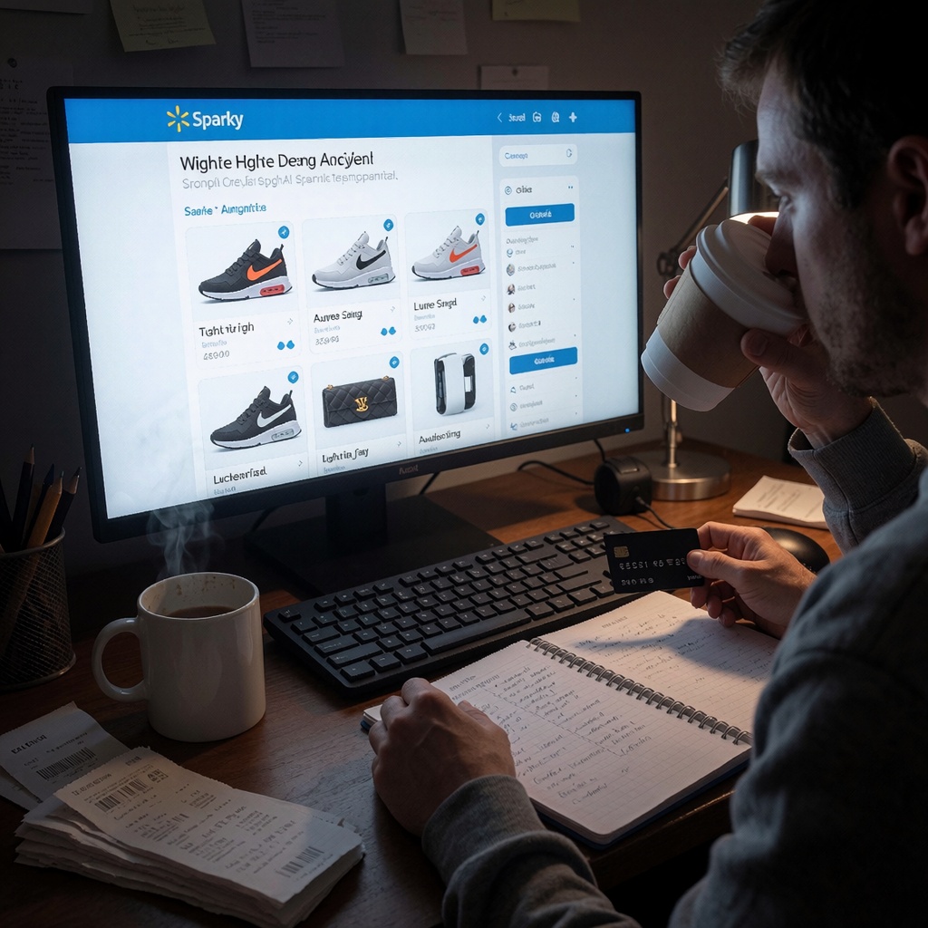 Un bureau domestique peu éclairé, encombré d’un grand écran affichant une interface de shopping assisté (comme Sparky de Walmart) proposant des baskets haut de gamme et accessoires luxueux en fonction de l’historique. Le visage de l’utilisateur est partiellement caché par une tasse de café; sa posture tendue reflète l’hésitation entre confiance et méfiance, tandis qu’une main se tend vers une carte bancaire et l’autre serre un carnet de comparatifs de prix. Une tasse de café froid à moitié vide et des tickets de caisse empilés renforcent le sentiment d’irritation face aux achats pilotés par IA. ---