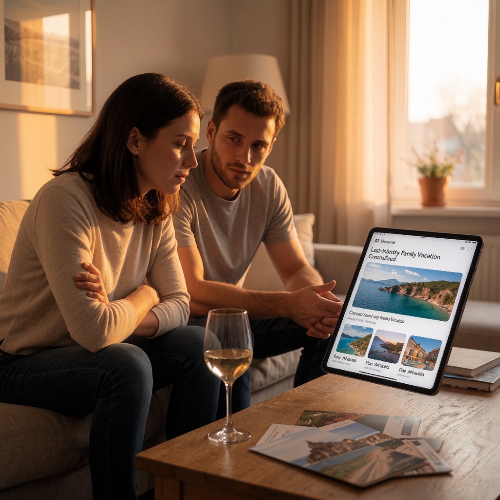 Les bots IA qui font vos courses : révolution pratique ou risque à éviter ? — image3 Un salon chaleureux baigné de lumière dorée du coucher de soleil, où un couple est allongé sur un canapé confortable devant une tablette flottante affichant les suggestions d’un assistant shopping IA pour un voyage improvisé en Croatie. La femme croise les bras, sceptique face à la proposition, tandis que l’homme, les yeux écarquillés, alterne son regard entre l’écran et sa compagne. Un verre de vin à moitié vide et des brochures touristiques éparpillées sur la table soulignent le paradoxe entre gain de temps et perte de contrôle. ---