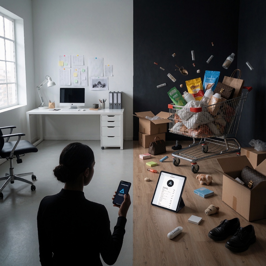 Un loft à double hauteur avec un plafond haut, séparé en deux espaces opposés : d’un côté, un bureau épuré et ordonné (table propre, dossiers classés) incarne le contrôle humain; de l’autre, un chariot de courses débordant d’objets variés (nourriture pour animaux à des sacs de luxe), des cartons à moitié ouverts et une tablette affichant un récapitulatif de facture généré par IA. Une silhouette indistincte se tient entre les deux zones, tenant une carte bancaire dans une main et un téléphone montrant un avertissement “mode sandbox”, illustrant l’hésitation entre confiance et prudence. ---