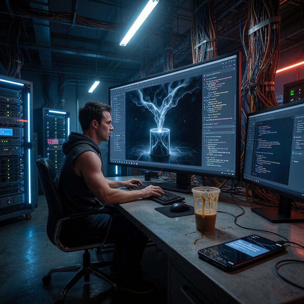 Analyste dans un serveur éclairé aux néons bleus, observant une simulation de distillation illicite d’un modèle d’IA sur ses écrans. Fumée de condensation autour d’un café froid et câbles exposés renforçant le sentiment de surveillance technologique clandestine. ---