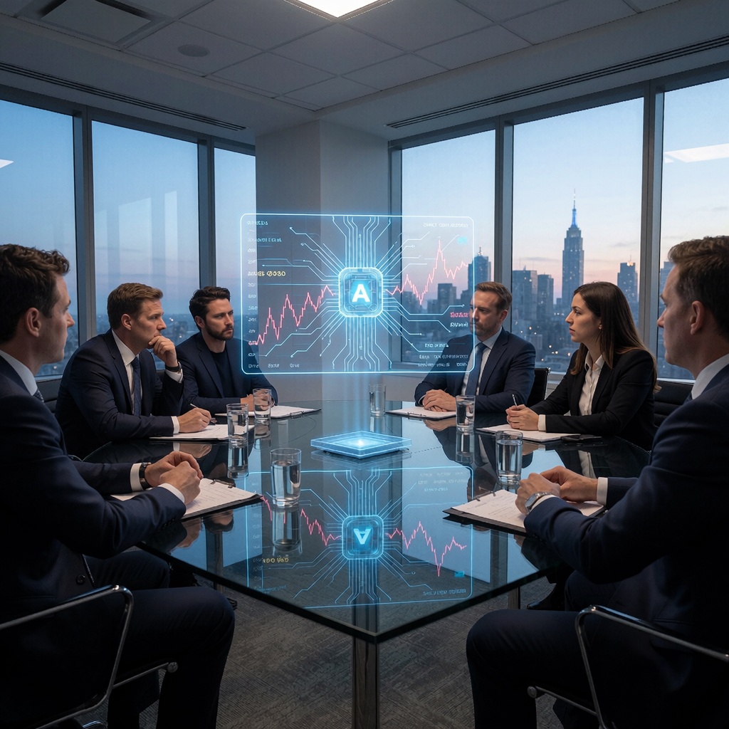 Réunion d’investisseurs autour d’une projection holographique instable, révélant des performances surévaluées par une start-up chinoise. L’éclairage tamisé souligne les regards méfiants et les postures tendues. ---