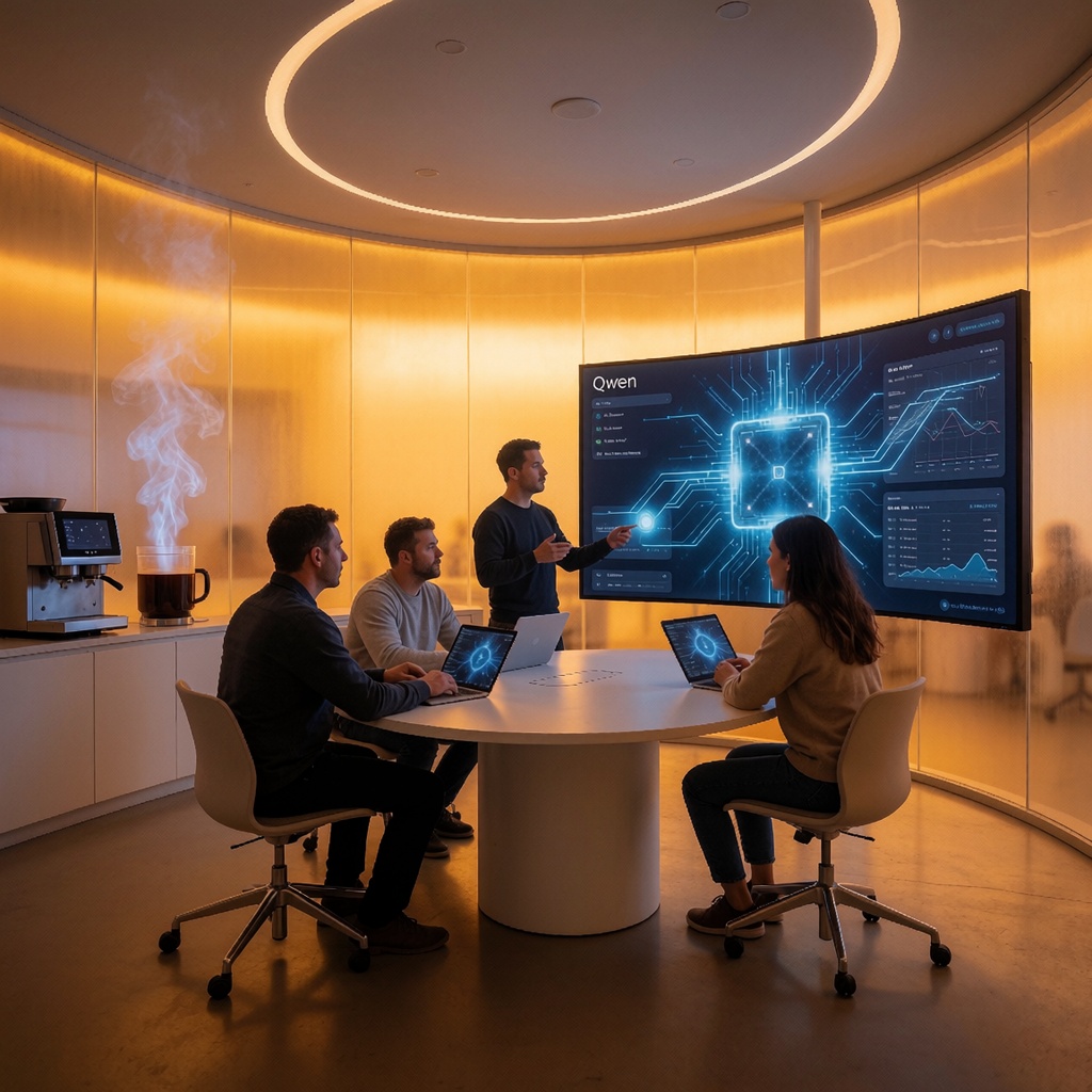 Les États-Unis accusent les géants chinois d’utiliser des méthodes industrielles pour copier leurs modèles d’IA — image3 Équipe d’ingénieurs analysant un modèle IA gratuit de Alibaba dans un open-space lumineux, entre collaboration et sous-entendus sur ses origines. L’ambiance suggère une concurrence discrète avec les géants américains. ---