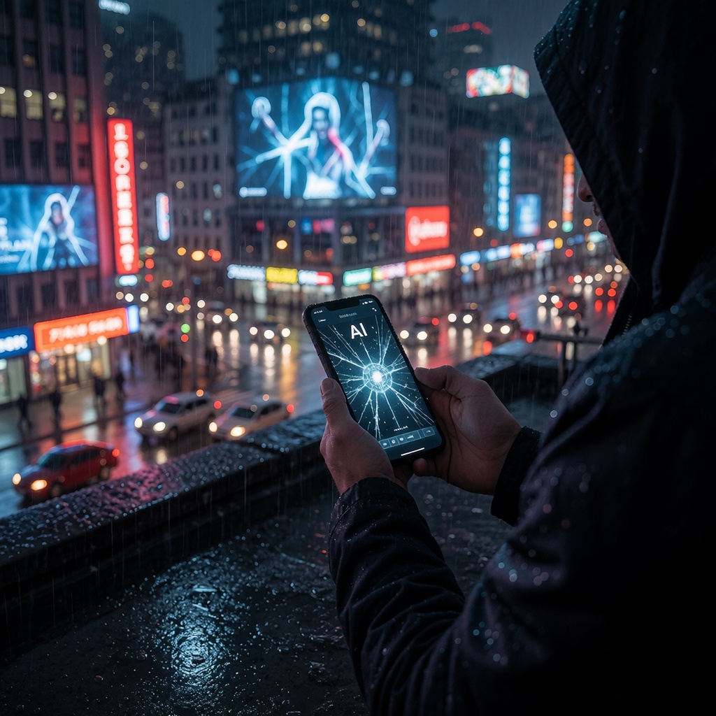 Personne isolée sur un toit nocturne, observant une interface IA floue sous la pluie, tandis que les néons de la ville symbolisent les enjeux cachés derrière les outils quotidiens. ---