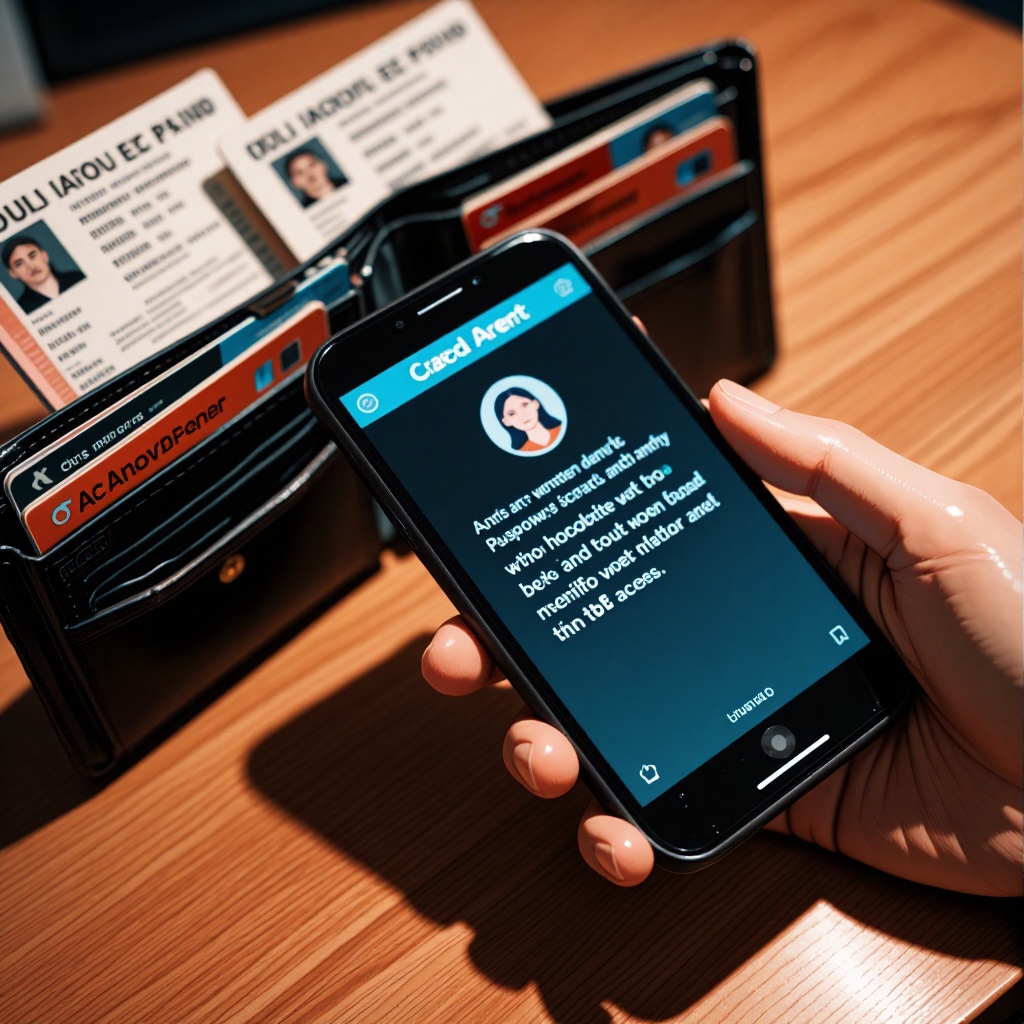 Main tenant un smartphone affichant une alerte de fraude, devant un portefeuille ouvert avec des documents sensibles. ---