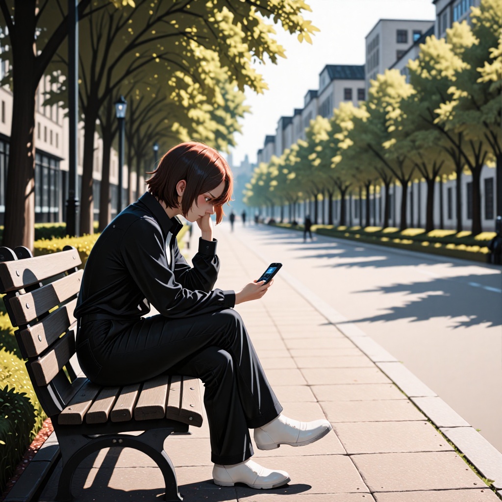 Personne assise sur un banc en ville, réfléchissant à son téléphone avec inquiétude. ---