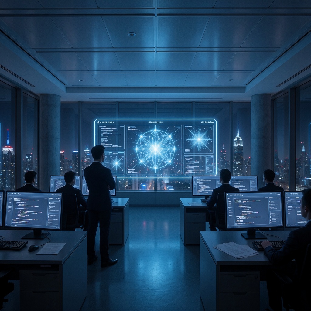 Un centre de commandement gouvernemental chinois plongé dans une lumière bleutée, avec un hologramme affichant des réseaux neuronaux et des flux de données chiffrées. Une silhouette se tient près d’écrans montrant des extraits de code et des alertes cybersécurité, tandis que la ville futuriste en arrière-plan s’illumine à travers des baies vitrées. ---