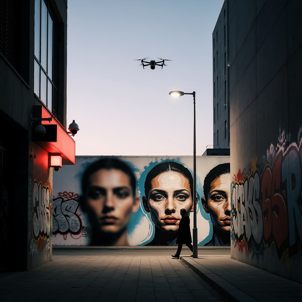 Une ruelle urbaine au lever du jour, où une silhouette traverse devant un mur tagué montrant des visages déformés par des biais algorithmiques. Les néons et caméras de surveillance contrastent avec les distorsions abstraites, sous la lumière d’un réverbère et le drone discret en arrière-plan. ---