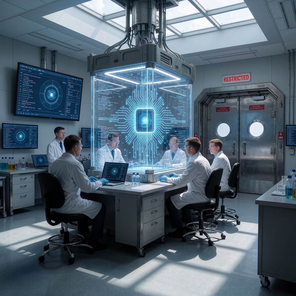 La Chine en alerte : son patron des espions dénonce l’IA comme menace existentielle — image3 Un laboratoire ultra-sécurisé où des chercheurs analysent un prototype d’IA dans une enceinte transparente, sous surveillance de projections holographiques et d’écrans affichant des alertes en temps réel. La lumière zénithale souligne les ombres architecturales et renforce l’atmosphère contrôlée. ---