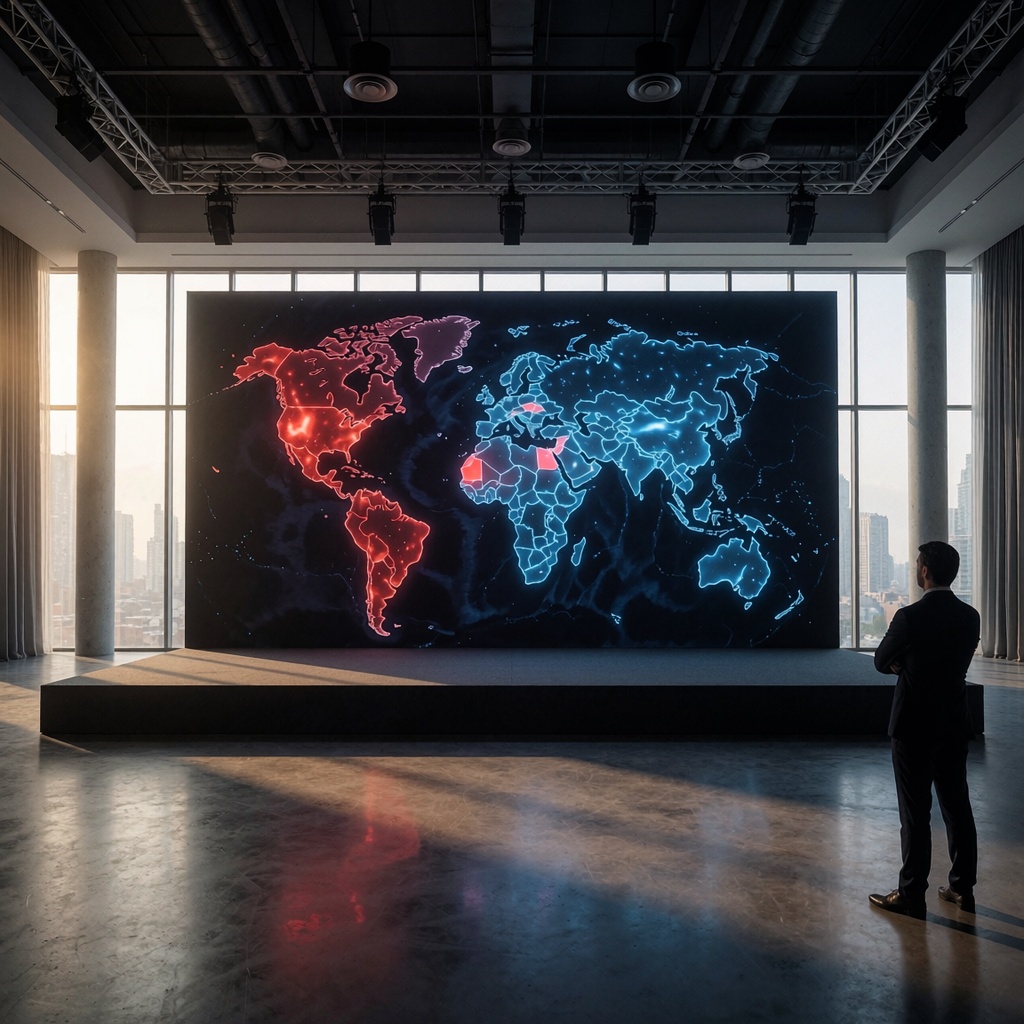 Une salle de conférence vide avec un écran géant affichant une carte mondiale fragmentée, illustrant les déséquilibres géopolitiques autour de l’IA. Un participant isolé observe la projection sous une lumière contrastée, entre tons chauds et froids, soulignant le dilemme global. ---