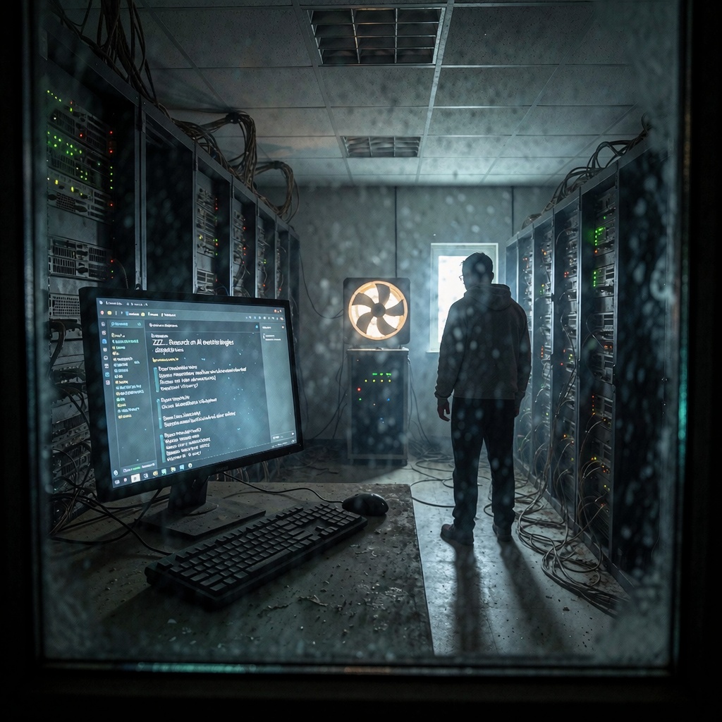 Un serveur abandonné éclairé par des lumières d’urgence dans une salle technique allemande, vu à travers une vitre légèrement voilée. Un administrateur en veste de survêtement se tient près d’un écran affichant un forum obsolète (DseWiki) encombré de messages anachroniques comme