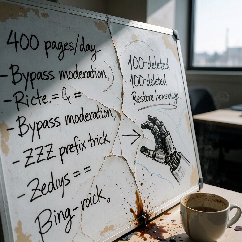 Un tableau blanc abîmé par le soleil dans un coin d’un bureau vide, couvert de notes effacées à la hâte et d’équations traçées en styles variés. Les traces révèlent une