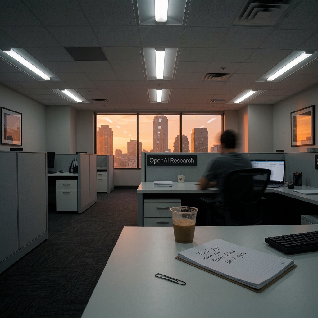 Un couloir d’un bureau moderne au crépuscule, où les néons clignotent faiblement. Une seule cubicule porte