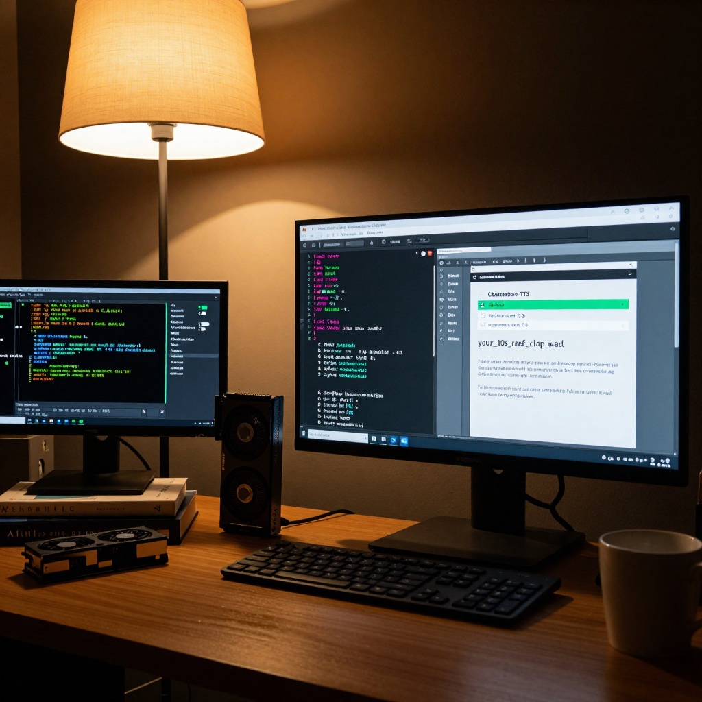 Bureau d’étude Linux éclairé par une lumière douce, montrant un terminal en cours d’installation de Chatterbox-TTS avec des logs Python et Git. Une capture audio de 10 secondes s’affiche sur Audacity à côté d’une carte graphique NVIDIA. Un mug de café et des livres sur l’IA complètent le décor technique. ---