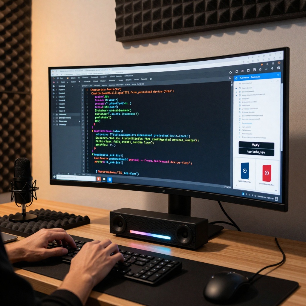Studio d’enregistrement épuré avec un notebook Jupyter affichant du code Python pour la synthèse vocale multilingue. Un micro de référence et des fichiers WAV générés (*test-turbo.wav*, *test-french.wav*) sont visibles, sous une lumière douce mettant en valeur le matériel technique. ---