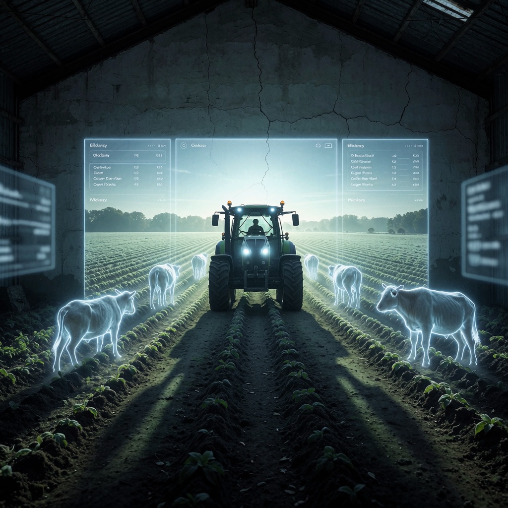 Projection holographique d’un tracteur dans une simulation agricole abandonnée, où des animaux virtuels sont écrasés ou évités selon des algorithmes optimisés. Lumière bleutée et ambiance glaciale. ---